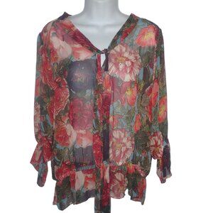 Haute Hippie Floral Sheer Blouse floral Tie Detail M Silk Long sleeve Boho Casua